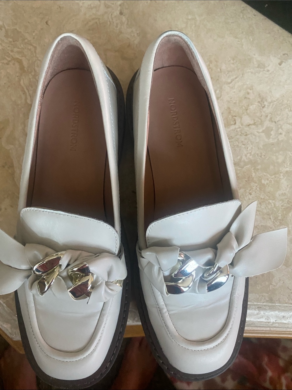Nordstrom White Leather Loafers with Silver Chain & Bow